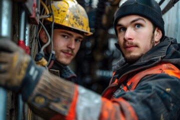 Fototapeta premium Two Young Workers in Safety Gear at a Construction Site