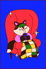 Cute colorful autumn hand drawn vector illustration. Funny cat sits in a red armchair with blanket, drinking a cup of tea. Cozy home decor. Fall bright poster. Stars elements.