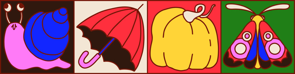 Cute colorful set of hand drawn autumn illustrations. Cartoon style. Cozy home. Fall elements. Bright pattern background. Snail character, moth, umbrella, pumpkin icons bundle.