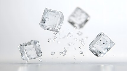 CG Floating Ice Cubes: Perfectly clear CG ice cubes hovering above a white background, with detailed textures and light reflections.
