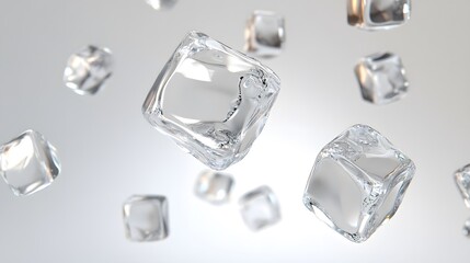CG Floating Ice Cubes: Perfectly clear CG ice cubes hovering above a white background, with detailed textures and light reflections.
