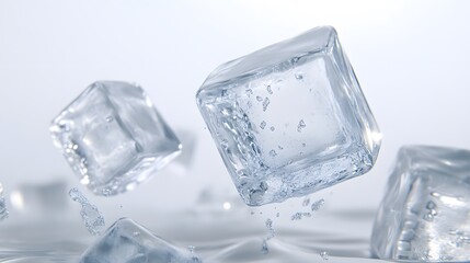 CG Floating Ice Cubes: Perfectly clear CG ice cubes hovering above a white background, with detailed textures and light reflections.
