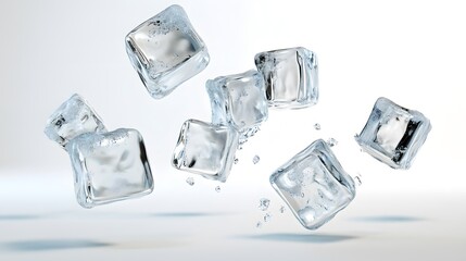 CG Floating Ice Cubes: Perfectly clear CG ice cubes hovering above a white background, with detailed textures and light reflections.
