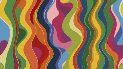 Abstract Rainbow Groovy Wavy Line Background in 1970s Hippie Retro Style, Colorful and Vibrant Vector Pattern for Textile and Wrap Design