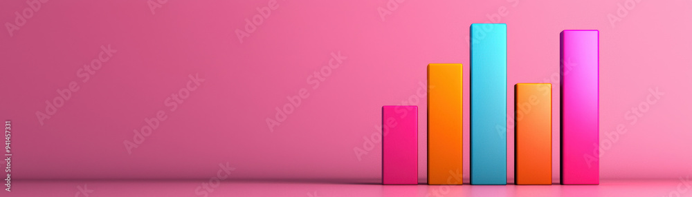 Poster colorful bar graph with pink background representing data analysis and business growth. vibrant char
