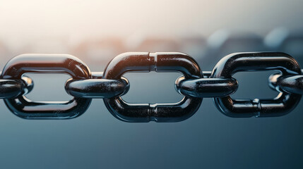 Close-up photo of a metal chain link, representing strength, connection, and durability, capturing texture and shine in soft lighting.