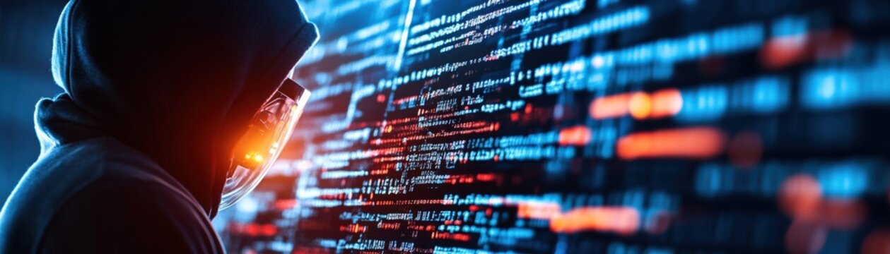 A hooded figure facing a wall of glowing code, representing the mysterious world of hacking and cybersecurity.