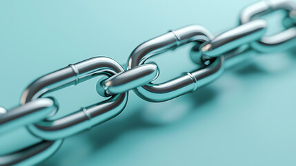 Obraz premium Close-up of strong stainless steel chain links on a blue background, representing strength, unity, and connection in an industrial context.