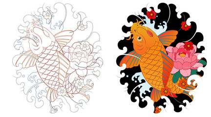 Carp tattoo design, Japanese irezumi koi fish style, oriental painting. Buddhist pattern illustration Line artwork included 건대타투, 타투달 