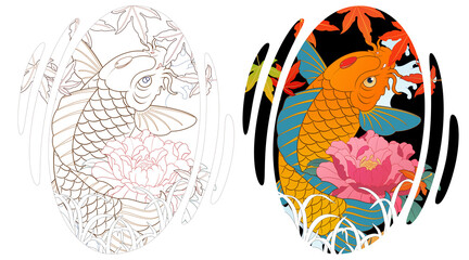 Carp tattoo design, Japanese irezumi koi fish style, oriental painting. Buddhist pattern illustration Line artwork included 건대타투, 타투달 