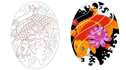 Carp tattoo design, Japanese irezumi koi fish style, oriental painting. Buddhist pattern illustration Line artwork included 건대타투, 타투달 