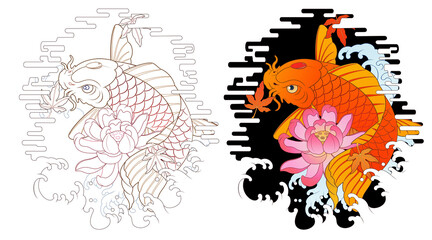 Carp tattoo design, Japanese irezumi koi fish style, oriental painting. Buddhist pattern illustration Line artwork included 건대타투, 타투달 