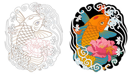 Fototapeta premium Carp tattoo design, Japanese irezumi koi fish style, oriental painting. Buddhist pattern illustration Line artwork included 건대타투, 타투달 