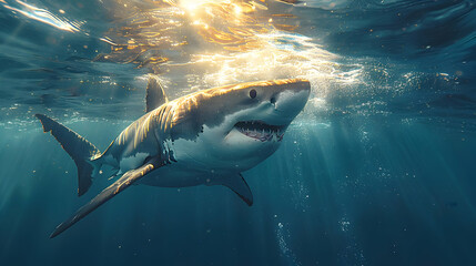 Fototapeta premium Great White Shark Underwater with Sun Rays Photo