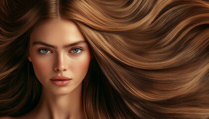 Naklejka premium Pretty young woman with dark long groomed hair on autumn foliage background. Brown hair care products banner template, hair salon