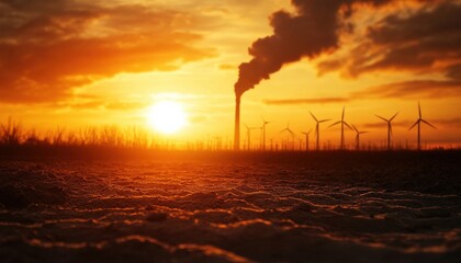 A stunning sunset scene featuring wind turbines and smoke, symbolizing the contrast between renewable energy and pollution.