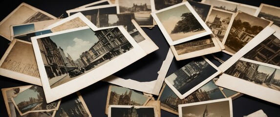 A collection of vintage photographs showcasing historic cityscapes, evoking nostalgia and memories of the past.