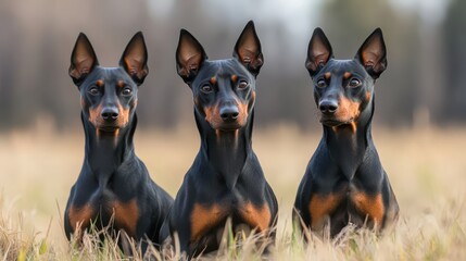 Three playful Doberman dogs sitting together in a grassy field