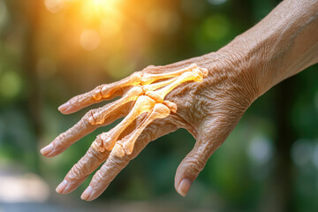 A close view of an aged hand illustrating swollen joints, highlighting the pain and struggle of aging in a poignant light.