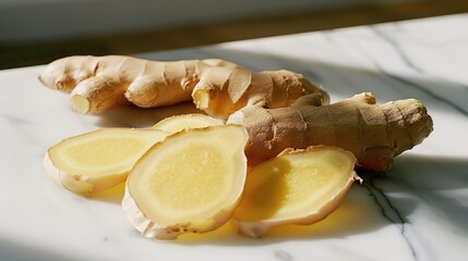 Fresh Ginger Roots and Slices on Marble Surface