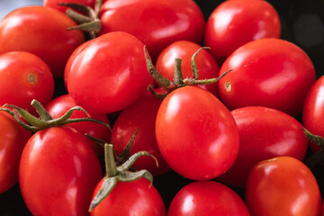 tomatoes on the vine, the delicious ripe red cherry tomatoes on the reflected plane during the day, exquisite datterini.A vibrant close-up, where the tomatoes are ripened in the sun, the morning light