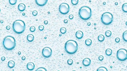 Abstract background featuring an arrangement of blue water droplets on a light blue surface, showcasing freshness and purity in a visually appealing pattern.