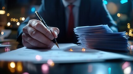 A businessperson signing a bankruptcy form, with a stack of unpaid repayment notices beside them and a dimly lit office