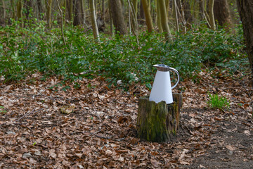 Eine Thermoskanne steht im Wald auf einem Baumstumpf