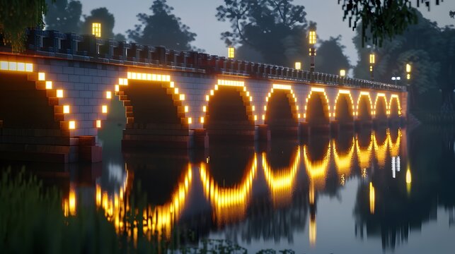 Illuminated Stone Bridge Over a Still Lake
