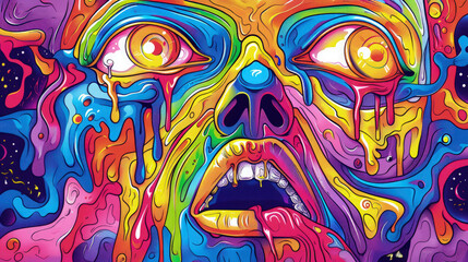 Hand drawn weird monster illustration for full print t-shirt design, outline style, hyper maximalism, heavy composition.