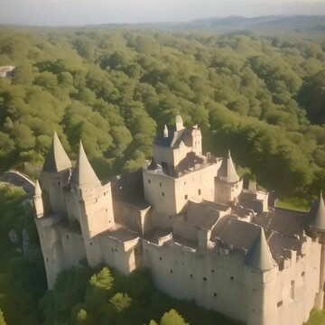 Aerial footage of a historic castle on a hill.
