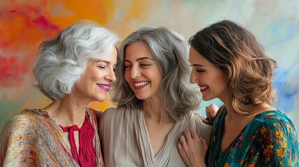 Fototapeta premium Three generations of women in a family sharing a tender moment, set against a beautiful watercolor backdrop