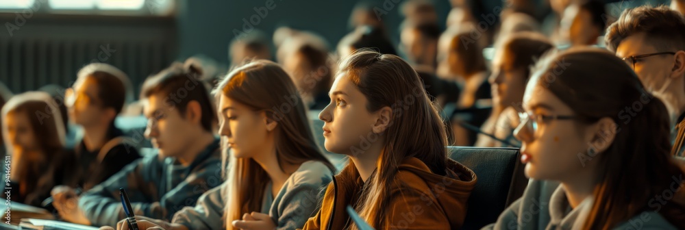 Aufkleber Group of engaged students listening attentively in a university lecture hall. Focused learners participate in higher education, showcasing the academic environment and dedication to learning.