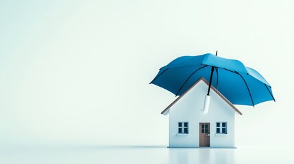 Insurance for home protection. Umbrella on a model house represents insurance concepts like property insurance, mortgage insurance, and risk management. The image portrays a white background 