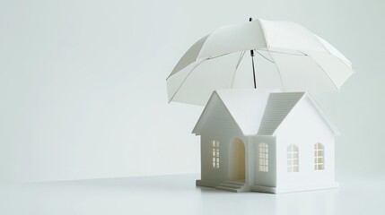 Insurance for home protection. Umbrella on a model house represents insurance concepts like property insurance, mortgage insurance, and risk management. The image portrays a white background 