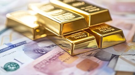 A close-up of shiny gold bars resting on various banknotes, symbolizing wealth and investment in precious metals.
