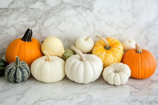 Variety of organic pumpkins and squash displayed on a carrara marble countertop