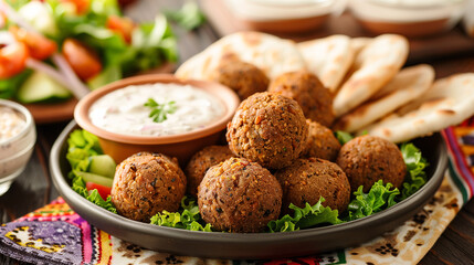 a plate of falafel balls, served with a side of tahini sauce, fresh salad, and pita bread, set on a dark wooden table with a colorful Mediterranean-style cloth
