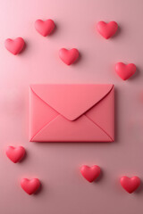 Pink envelope surrounded by heart-shaped decorations on a soft pink background, symbolizing love and affection in a minimalist setting.