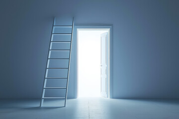 A ladder ascends towards a luminous door, symbolizing hope and new beginnings in a tranquil, minimalist space.