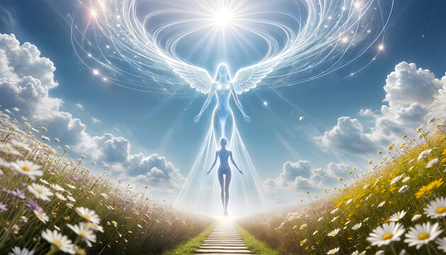 Celestial scene of female figure stands in front of an angelic figure - white angel radiating light.
She ascends a path lined with flowers towards a bright light, symbolizing spiritual enlightenment.