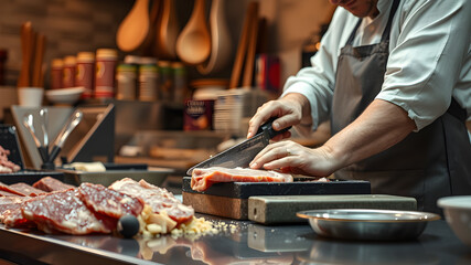 Butcher cutting meat with a knife. Generative AI