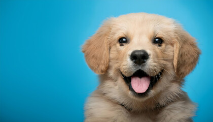 portrait happy golden retriever puppy light blue background portrait happy puppy