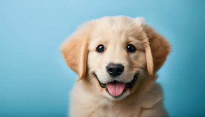 portrait happy golden retriever puppy light blue background portrait happy puppy