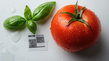 Fresh Tomato with QR Code and Basil Generative AI