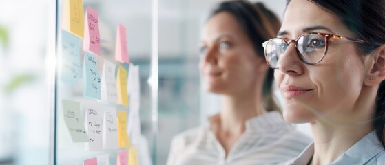 A focused woman analyzing post-it notes on a glass board, supporting teamwork and creative brainstorming in a modern office.