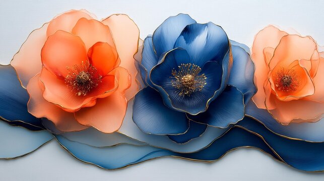 Delicate Orange and Blue Floral Art Generative AI