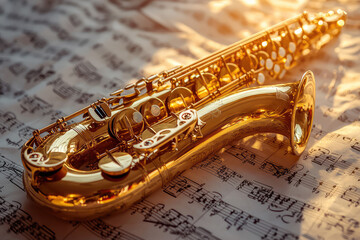 Fototapeta premium A Captivating Golden Alto Saxophone Lies Gracefully on a Sheet of Music, Evoking Musical Dreams and Melodic Memories.