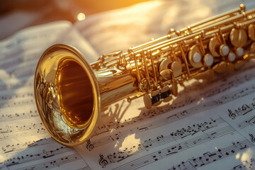 Obraz premium A captivating golden alto saxophone rests on sheet music, beckoning melodies of jazz and passion with a sunlit glow.
