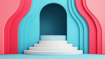Modern abstract architectural design with arched doorway, layered pastel blue and pink walls, and white steps, creating a minimalist and vibrant visual effect.